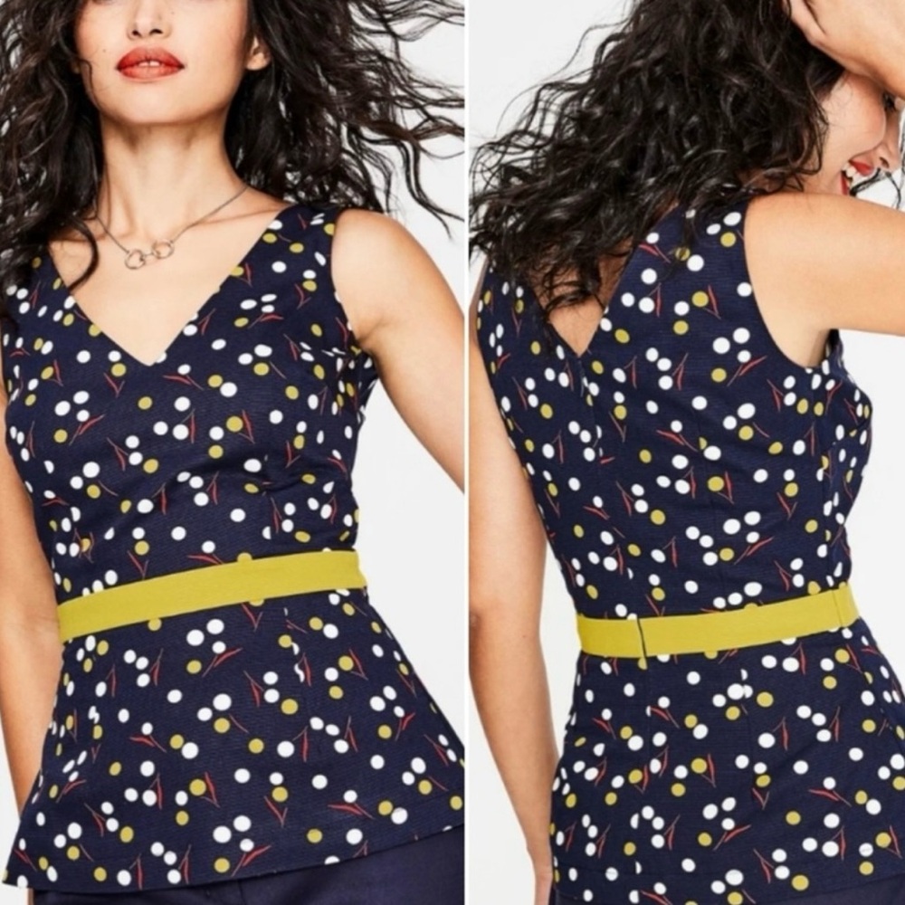 Boden Navy Sinead V-Neck Sleeveless Polka Dot Peplum Top—SZ. 8 - Picture 5 of 15